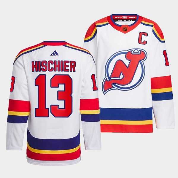 Men%27s New Jersey Devils #13 Nico Hischier White 2022-23 Reverse Retro Stitched Jersey Dzhi